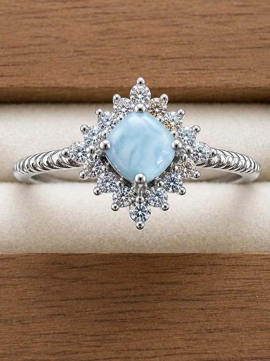Jewelry - Silver Ring with Light Blue Stone and Crystal Halo